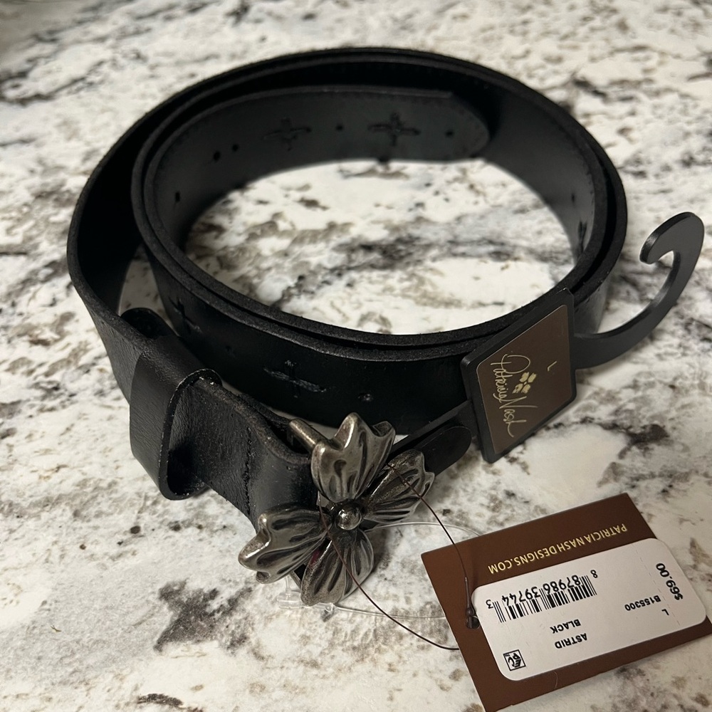 Black Leather Belt with Silver Floral Buckle